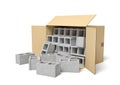 3d rendering of cardboard box lying sidelong with gray hollow bricks inside and some near box.