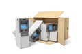 3d rendering of cardboard box lying sidelong with several ATMs inside and some outside. Royalty Free Stock Photo