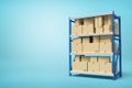 3d rendering of cardboard boxes on metal racks on blue background