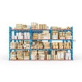 3D rendering of cardboard boxes on stock shelves isolated on a white background