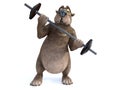 3D rendering of cartoon bear exercising with barbell.