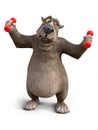 3D rendering of cartoon bear exercising with dumbbells.