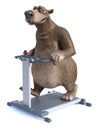 3D rendering of cartoon bear exercising on treadmill.