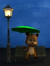 3D rendering of a cartoon bear in the rain at night.