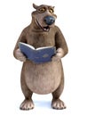 3D rendering of a cartoon bear reading a book.