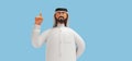 3d rendering, cartoon character arab man with beard wears traditional white clothes, shows index finger up. Business clip art