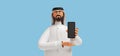 3d rendering, cartoon character arab man wears traditional clothes and holds smart phone. Business clip art isolated on light blue