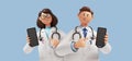 3d rendering. Cartoon character doctors, caucasian man and woman, international team of healthcare professionals isolated on blue