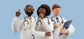 3d rendering, Cartoon character doctors, international team of healthcare professionals isolated on blue background. Medical