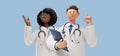 3d rendering. Cartoon character doctors woman and man, international team of healthcare professionals isolated on blue background