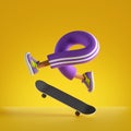 3d rendering, cartoon character legs and skateboard isolated on yellow background, extreme freestyle skateboarding trick