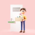 3d rendering. Cartoon character man with office box near office door