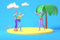 3D rendering cartoon characters a guy and two girls with blue, pink, purple skin photographs on the background of palm trees and Royalty Free Stock Photo