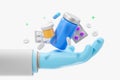 3d rendering. Cartoon doctor hand with pills and medical bottles Royalty Free Stock Photo