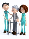 3D rendering of cartoon doctor and nurse helping old woman with walker Royalty Free Stock Photo