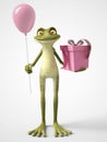 3D rendering of cartoon frog holding a balloon and a present.