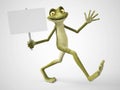 3D rendering of cartoon frog holding blank sign.