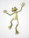 3D rendering of cartoon frog jumping for joy.