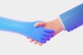 3d rendering. Cartoon handshake, human and robot cooperation Royalty Free Stock Photo
