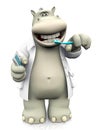 3D rendering of a cartoon hippo dentist brushing his teeth.