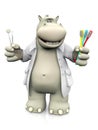 3D rendering of a cartoon hippo dentist holding toothbrushes. Royalty Free Stock Photo