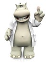 3D rendering of a cartoon hippo dentist holding up his finger.