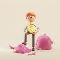 3d rendering. Cartoon man with a big coin in hand, broken piggy bank