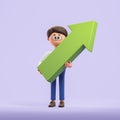 3d rendering. Cartoon man holding a big green arrow, rise and profit concept Royalty Free Stock Photo