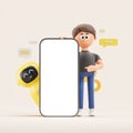 3d rendering. Cartoon man with large mock up phone, online chatbot
