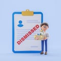 3d rendering. Cartoon man with office box, clipboard with dismissed stamp Royalty Free Stock Photo
