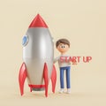 3d rendering. Cartoon man standing near rocket ready to be launched, startup