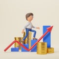 3d rendering. Cartoon man stepping on growing chart, success and work promotion Royalty Free Stock Photo