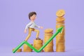 3d rendering. Cartoon man stepping on stack of coins, work promotion