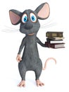 3D rendering of a cartoon mouse holding a pile of books