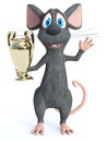 3D rendering of a cartoon mouse holding trophy award