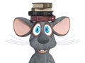 3D rendering of a cartoon mouse with a pile of books on his head