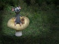 3D rendering of a cartoon mouse sitting on a fairytale mushroom.