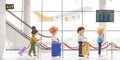 3d rendering. Cartoon people waiting at the airport, registration and flying airplane