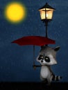 3D rendering of a cartoon racoon in the rain at night.