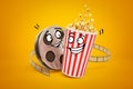 3d rendering of cartoon smiley popcorn bucket and film reel on yellow background Royalty Free Stock Photo