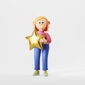3d rendering. Cartoon woman with gold star, review rating and feedback