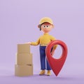 3d rendering. Cartoon woman with parcel, delivery service and navigation