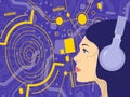 3D rendering of a cartooned girl with headphones exploring the world of music