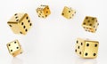 3D rendering of casino dice roll falling isolated on white background abstract. Bet, betting. Black and golden casino game. Luxury Royalty Free Stock Photo