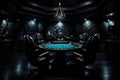 3d rendering of a casino table with black chairs and tablecloth, A dark modern secret poker game room, AI Generated Royalty Free Stock Photo