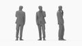 3D rendering of a casual business man front side and back view. Thinking doubting posture. Computer render model