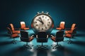3D rendering Chairs accompanied by clock, in a thoughtfully crafted illustrative scene.