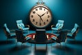 3D rendering Chairs accompanied by clock, in a thoughtfully crafted illustrative scene.