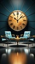 3D rendering Chairs accompanied by clock, in a thoughtfully crafted illustrative scene.