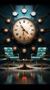 3D rendering Chairs accompanied by clock, in a thoughtfully crafted illustrative scene.